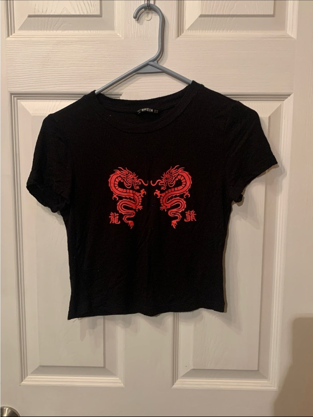 SHEIN Black Crop Top with Red Twin Dragon Print